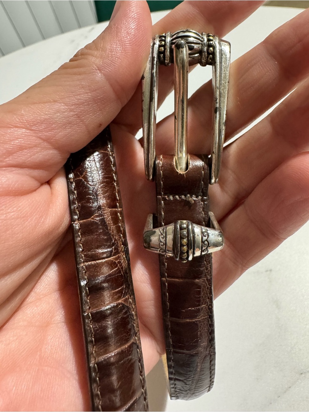Brighton Brown Croc Embossed Leather Belt Silver Tone Buckle Size S 28